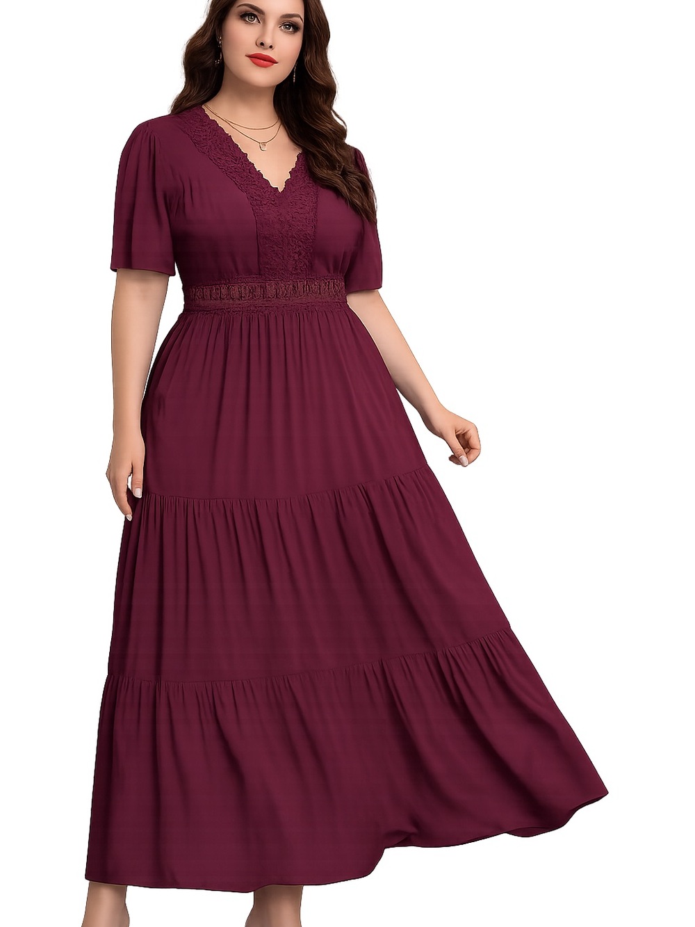 Plus Size Lace-Trim V-Neck Tiered Maxi Dress in Wine - Picture 2 of 3